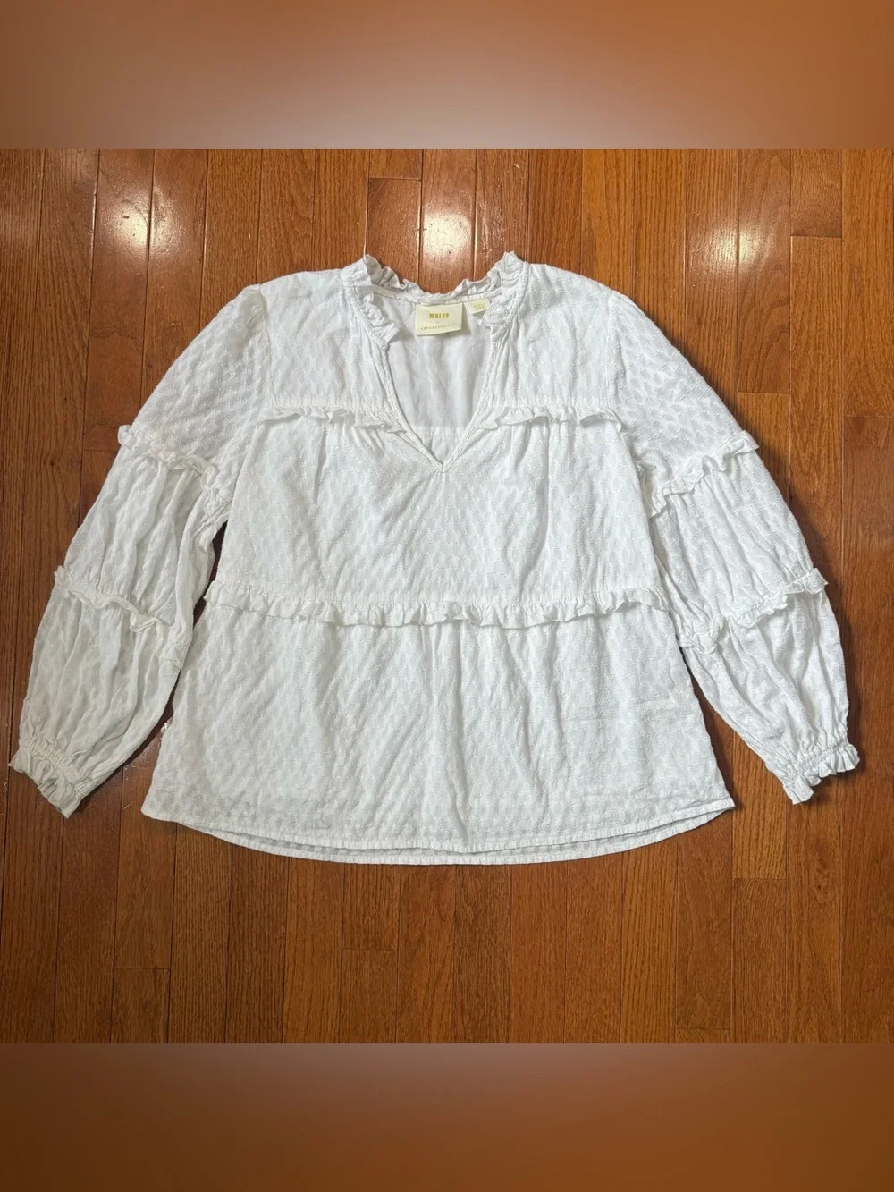 Anthropologie Maeve Women’s Small Angela Ruffle Peasant Blouse Puff Sleeves Boho